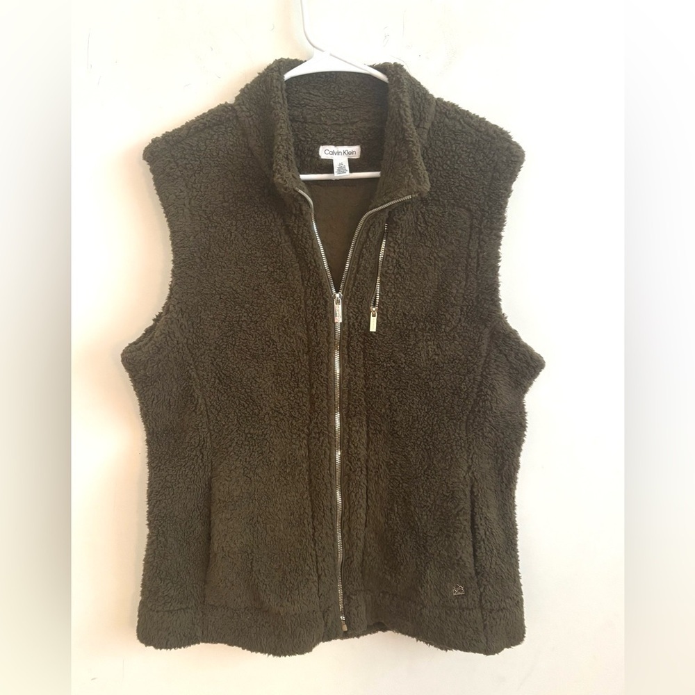 Calvin Klein Olive Green Sherpa L Fleece Vest Zip Front Cozy Teddy Outdoor Layer